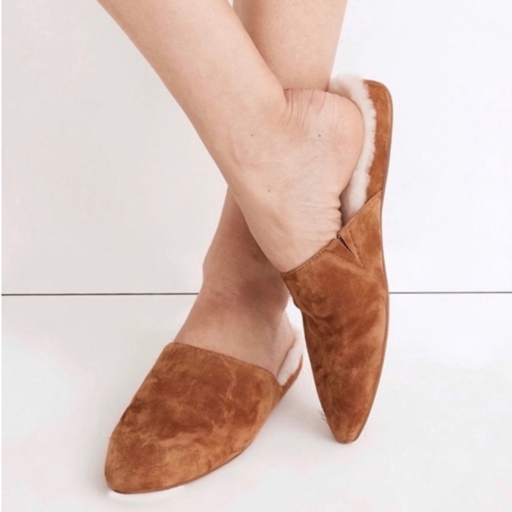 Madewell Gemma Suede Shearling Lined Mules Tan Pointed Toe Flats SIze‎ 7